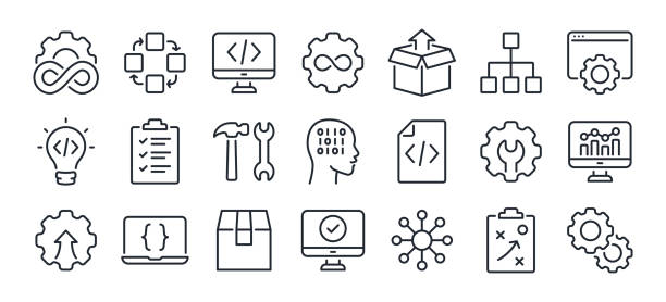 ilustrações de stock, clip art, desenhos animados e ícones de devops methodology and software development concept editable stroke outline icons set isolated on white background flat vector illustration. pixel perfect. 64 x 64. - mercadoria