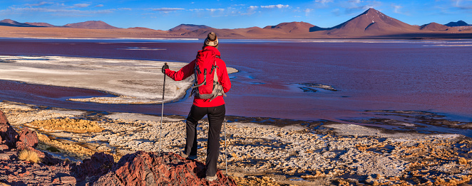 Female tourist looking at Laguna Colorada in Bolivia. The Altiplano (Spanish for high plain), in west-central South America, where the Andes are at their widest, is the most extensive area of high plateau on earth outside of Tibet. Lake Titicaca is its best known geographical feature. The Altiplano is an area of inland drainage (endorheism) lying in the central Andes, occupying parts of Northern Chile and Argentina, Western Bolivia and Southern Peru. Its height averages about 3,750 meters (12,300 feet), slightly less than that of Tibet. Unlike the Tibetan Plateau, however, the Altiplano is dominated by massive active volcanoes of the Central Volcanic Zone to the west like Ampato (6288 m), Tutupaca (5816 m), Nevado Sajama (6542 m), Parinacota (6348 m), Guallatiri (6071 m), Cerro Paroma (5728 m), Cerro Uturuncu (6008 m) and Licancabur (5916 m), and the Cordillera Real in the north east with Illampu (6368 m), Huayna Potosi (6088 m), Ancohuma (6427 m) and Illimani (6438 m). The Atacama Desert, one of the driest areas on the whole planet, lies to the southwest of the Altiplano. In contrast, to the east lies the humid Amazon Rainforest.