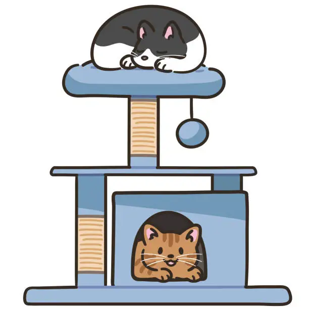 Vector illustration of Simple and cute illustration of blue cat tower with adorable cats