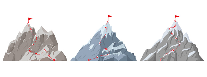 Cartoon mountain peak route. Rocky range climbing progress, hiking trip to mountains top, dotted route with red flag on top flat vector illustration set on white background