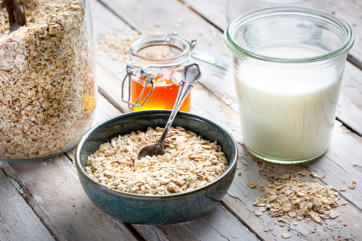 Rolled oats, milk, honey and bowl