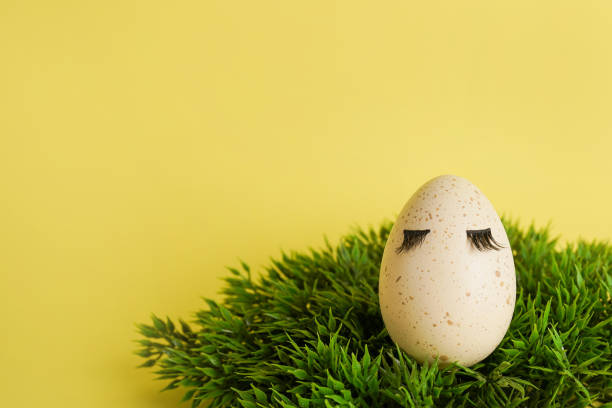 istock Spotted Easter egg with false eye lashes on green grass on yellow background, copy space 1455971546