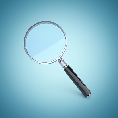 Magnifier on blue background 3d rendering