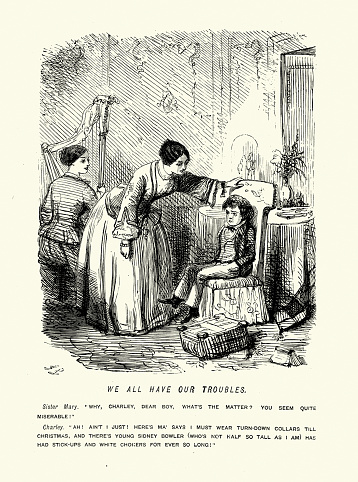 Vintage illustration cartoon by John Leech, Boy complaing about the clothes his mother has dressed him in, Victorian humour, mid 19th Century