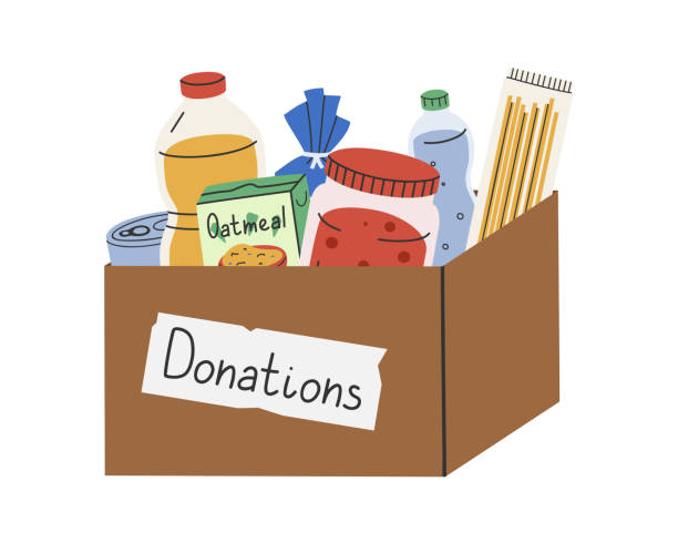 Food donation box illustration Hand drawn cute illustration of food donation box. Flat vector giving oil, porridge, canned goods to charity in simple colored doodle style. Philanthropy, volunteer sticker, icon or print. Isolated. food bank vector stock illustrations