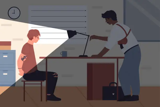 Vector illustration of Police investigation, investigator interrogating criminal in handcuffs at desk with lamp