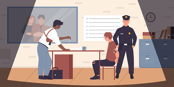 Interrogating interview in department of police station vector illustration. Cartoon detective meeting with criminal in room with mirror window on wall, light of lamp and cop security background