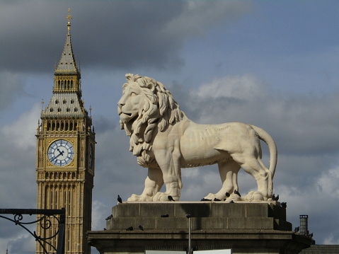 Image of Big  Ben and a Sculpture\n\nThe Lion is an 1837 Sculpture, originally painted red and part of a pair that adorned the facade of a brewery, called Red Lion Brewery. The brewery was on the south bank of the Thames, not far from where the lion currently stands.\nWhen the brewery was demolished in 1950, the red paint was removed and, at the request of King George VI, one of the Sculptures was placed in front of Waterloo station. Only in 1966 was the lion moved to Westminster Bridge. The other Sculpture, now painted gold, is located at Twickenham Rugby Stadium.\nDespite its stone appearance, the Sculpture is actually made of a kind of ceramic, \