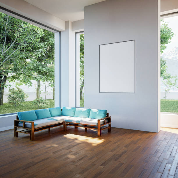istock Interior poster mock up with horizontal empty wooden frame,Scandinavian style,3d rendering 1455975029