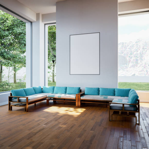istock Interior poster mock up with horizontal empty wooden frame,Scandinavian style,3d rendering 1455975558