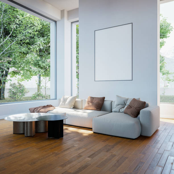istock Interior poster mock up with horizontal empty wooden frame,Scandinavian style,3d rendering 1455975746