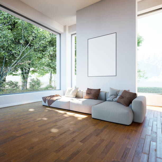 istock Interior poster mock up with horizontal empty wooden frame,Scandinavian style,3d rendering 1455975941