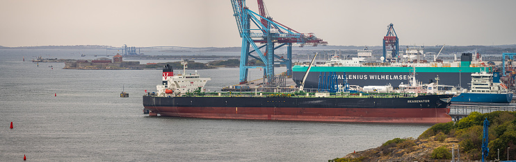 Gothenburg, Sweden - October 04 2022: Tanker Seasenator docked at port of Gothenburg.