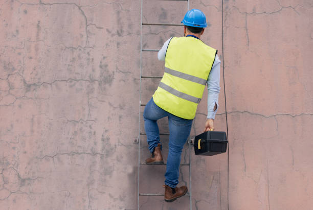 istock Electrician, engineer and handyman on ladder with tools working on building electricity maintenance. Home renovation, contractor and electrical technician climbing steps with toolbox for installation 1455979221