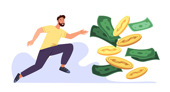 Greedy man chasing for big money.Cash race concept.Mercantile Competitor striving for richness and wealth.Character running to hit jackpot.Colored flat vector illustration isolated on white background