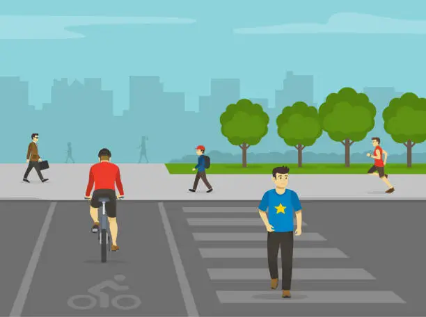 Vector illustration of Pedestrian and cyclist crossing the shared road on pedestrian crossing marking. Shared-use path with crosswalk.