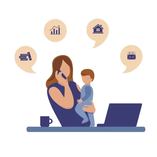 Vector illustration of Multitasking and time management or freelance concept. Busy faceless woman working on laptop talking on the phone with a baby on her hands.