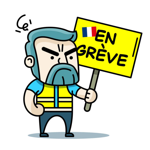 Protestor with a sign and a yellow jacket Cartoon character protesting against French government. Protests in France, yellow vests protests vector illustration. The text "En grève" means striking, on strike. budget cuts stock illustrations