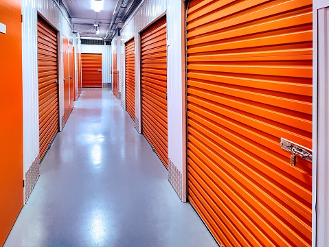 Alley of indoor closed self storage units