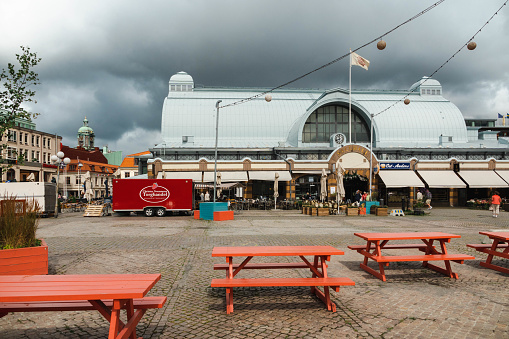 The Market Hall (Stora Saluhallen) in the city centre of Gothenburg, Sweden, houses numerous stands selling fruit, vegetables and meat, as well as various eateries