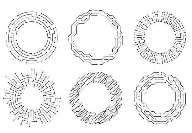 Vector illustration of Circuit board circle frames. Abstract digital round frame, hardware board and elictronic motherboard pattern vector set