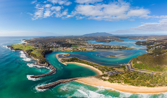 The idyllic coastal town of Narooma wrapped around the famous Wagonga Inlet in South Coast, New South Wales, Australia