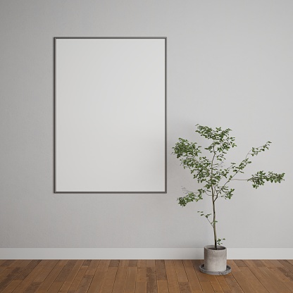 Interior of empty office hall with white and wooden walls, concrete floor, horizontal mock up poster frame and potted plant. Concept of advertising. 3d rendering