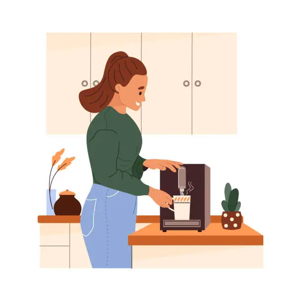 Vector illustration of Happy woman making coffee with machine in kitchen at home