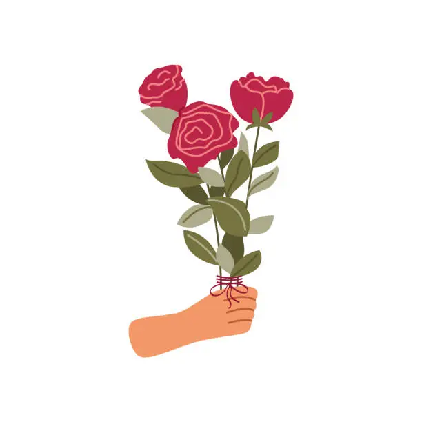 Vector illustration of Hand holding elegant bouquet of rose flowers