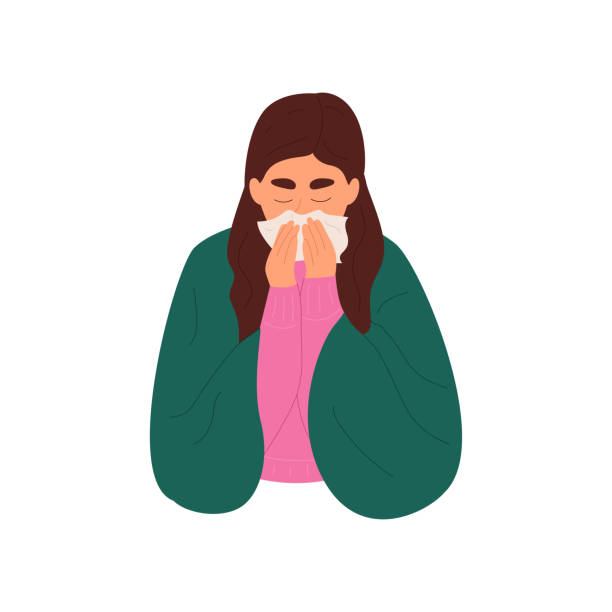 ilustraciones, imágenes clip art, dibujos animados e iconos de stock de mujer joven con resfriado y secreción nasal - resoplar