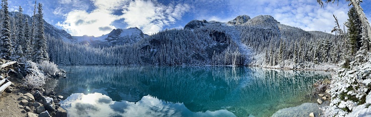 A mountain and beautiful turquoise lake, Joffre Lakes Provincial Park, British Columbia, Canada