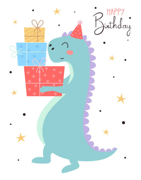 cartoon greeting card of dinosaur with gifts happy birthday card of dino and gift boxes, cartoon cute dinosaur isolated on white, flat style dinosaur birthday stock illustrations