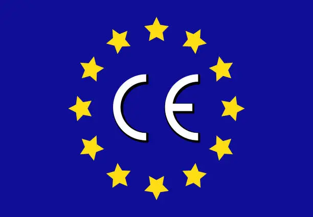 Vector illustration of CE marking (European Conformity) on the background of the EU flag