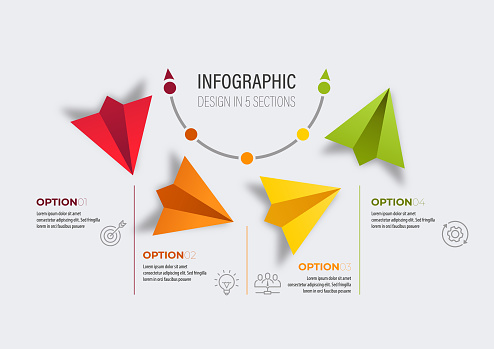 Paper airplane infographic. 4 steps to success infografics. Leadership or motivation concept