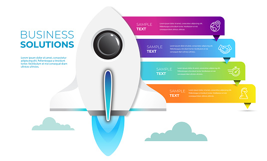 Rocket launch infographic. 4 steps to success infografics. Leadership or motivation concept