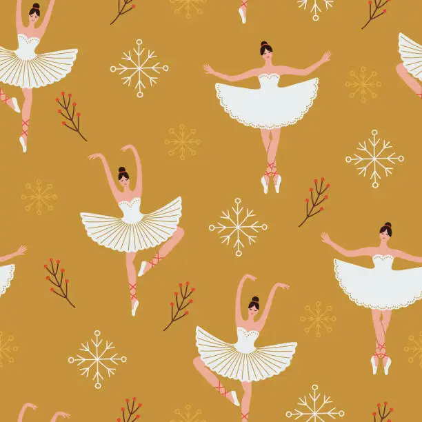 Vector illustration of Christmas seamless pattern with snowflakes, ballerina, berries. Scandinavian style