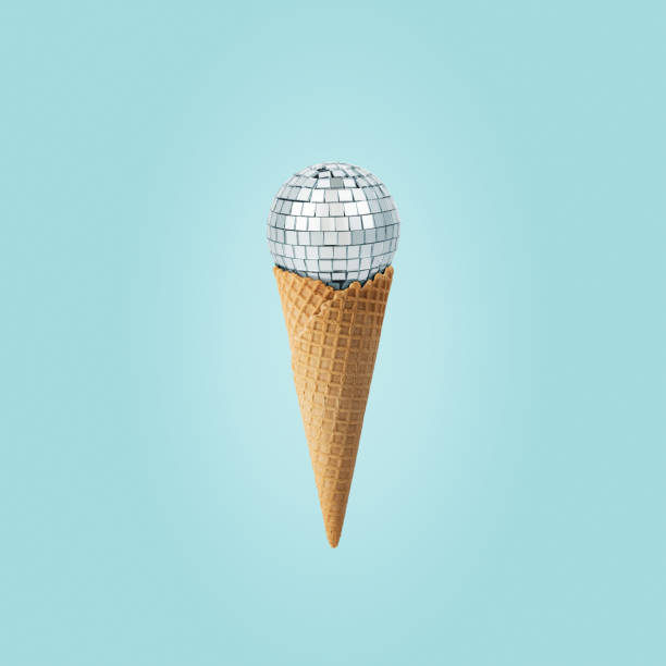 istock Disco ball in ice cream cone on a blue background. Minimal party concept. 1455992066