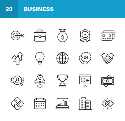 20 Business Outline Icons. 24 Hours, Agreement, Arrow, Award, Building, Calendar, Certificate, Chart, Compliance, Core Values, Credit Card, Customer Support, Diagram, Document, Dollar Sign, Finance, Gear, Global Business, Globe, Goal, Growth, Handshake, Human Resources, Innovation, Job, Job Search, Law, Leadership, Lightbulb, Management, Meeting, Money, Office, Office Building, Plan, Presentation, Price, Puzzle, Quality, Rocket, Solution, Startup, Stock Market, Strategy, Success, Suitcase, Support, Target, Time, Trophy, Vision, Winning, Work.
