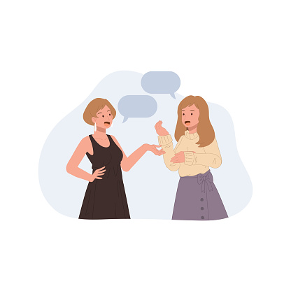 2 women talking to each other concept. Female characters communicate and discuss. Speech bubble. Flat vector cartoon illustration