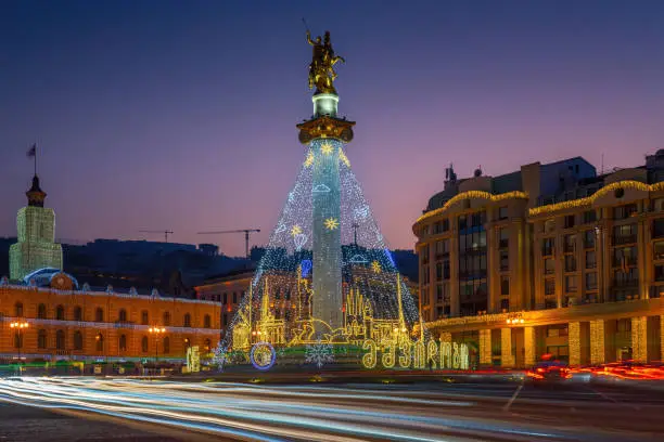 Long exposure of Monument of Georgia of center of Tbilisi