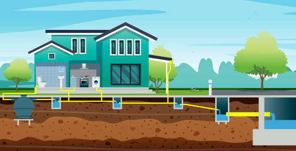 House drainage system. A house with a sewerage system to the public pipe. laying underground pipes stock illustrations
