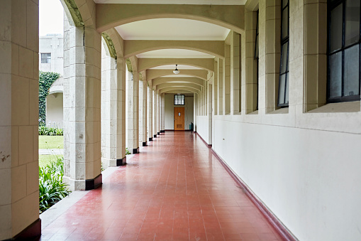 Long corridor. Indoor architectural Feature.