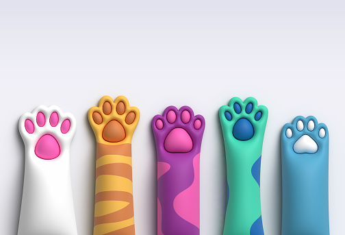 Cat or dog pet paws raised 3D render colorful horizontal volunteering abstract background.