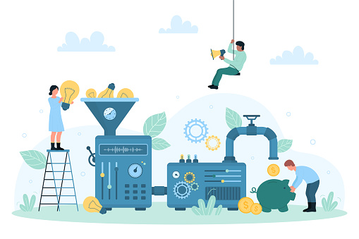 Marketing funnel vector illustration. Cartoon tiny people throwing bright light bulbs into funnel of machine to convert creative ideas into gold coins, process of conversion of projects into profits