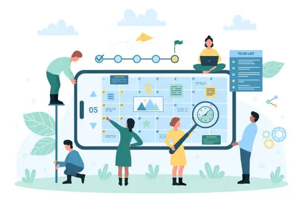 Vector illustration of Business project planning online, tiny people holding magnifying glass to plan events