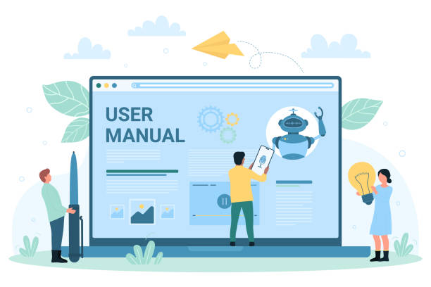 User manual online, tiny people study guide article on laptop screen, read instruction User manual online vector illustration. Cartoon tiny people study guide article on laptop screen, customers read instruction, use guidebook and support of voice assistant on mobile phone screen guide book cover stock illustrations