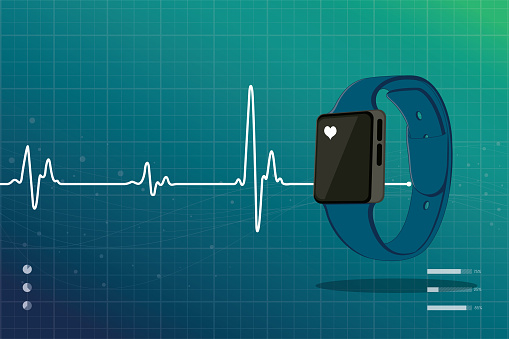 Heart beat monitor with blue smart watch and heart icon on a green blue background