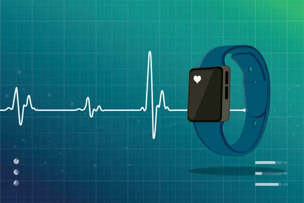 Vector illustration of Heart beat monitor with blue smart watch and heart icon