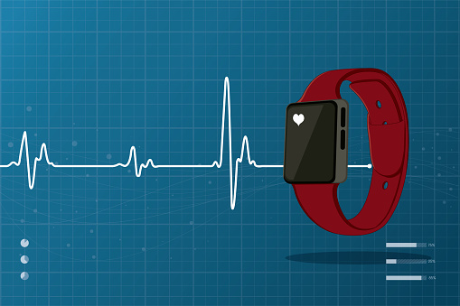 Heart beat monitor with red smart watch and heart icon on a blue background