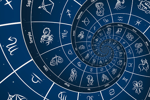 Astrological background with zodiac signs and symbol - blue